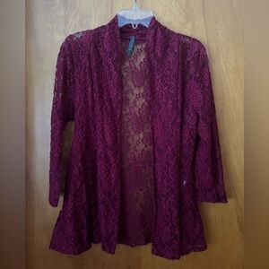 NWOT Ashley Blue dark red lacy open front cardigan size large